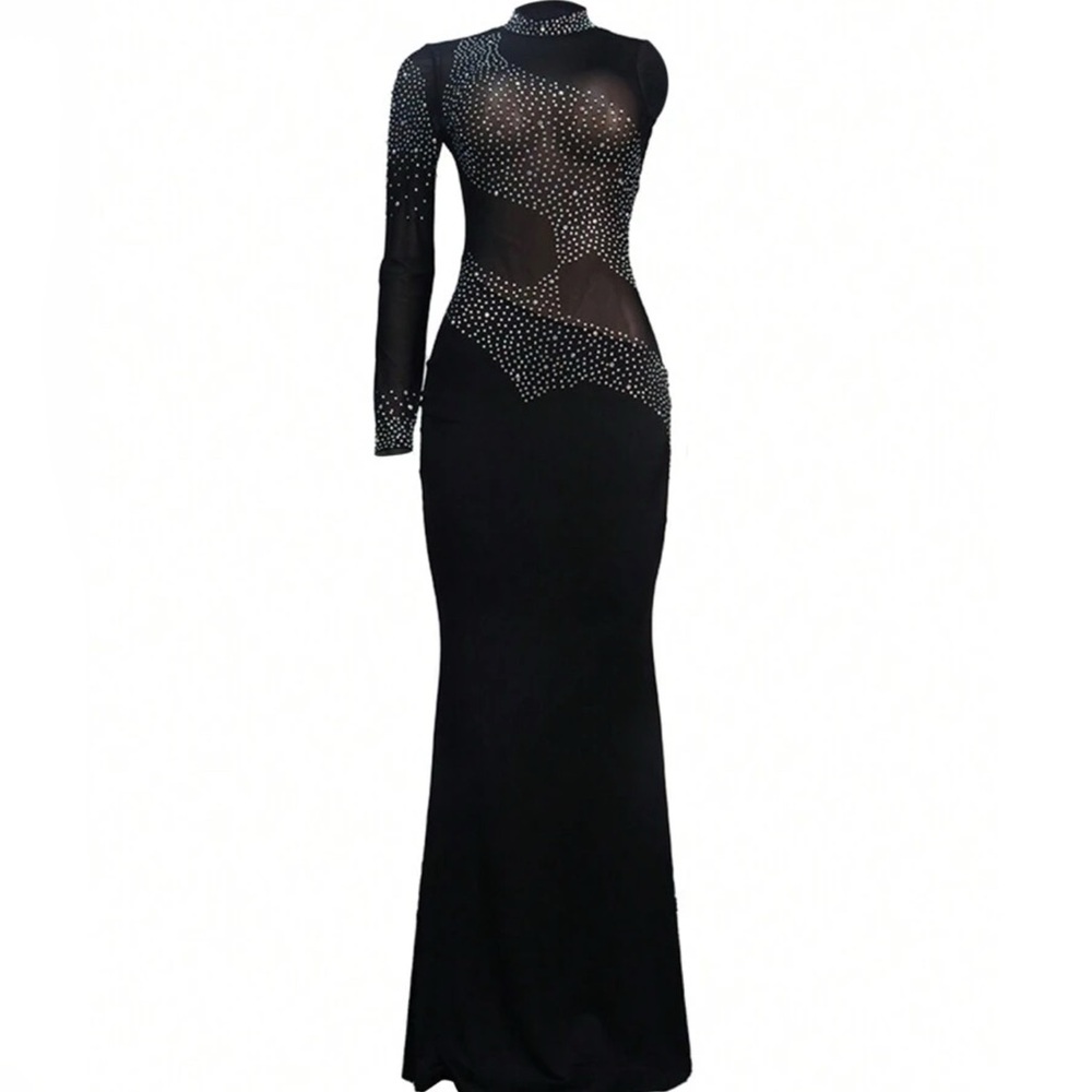 Rhinestone Detail Contrast Mesh Mermaid Hem Dress - Picture 4 of 4